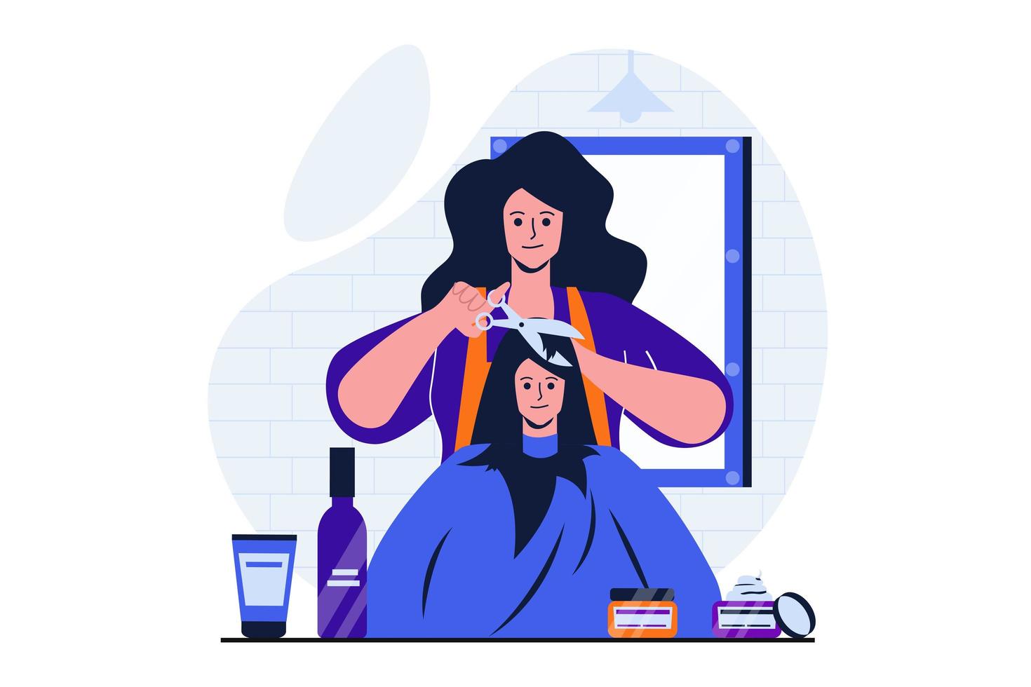 schoonheidssalon modern plat concept voor webbannerontwerp. kapper knipt haar met een schaar en vormt de pony van de klant. vrouw die kapsel in studio krijgt. vectorillustratie met geïsoleerde mensen scene vector