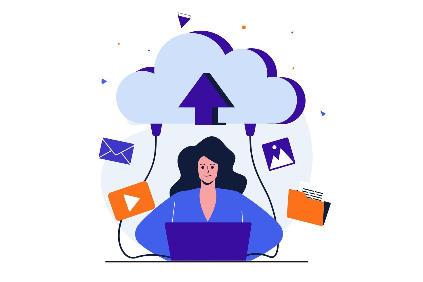 cloud computing modern plat concept voor webbannerontwerp. vrouw die video's en afbeeldingen online deelt, back-ups maakt van bestanden naar cloudopslag vanaf laptop. vectorillustratie met geïsoleerde mensen scene vector