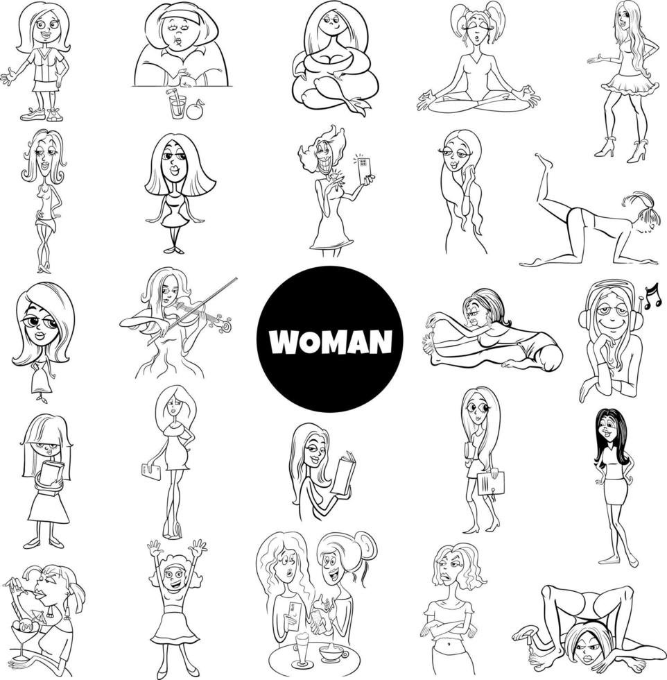 zwart-wit cartoon vrouwen tekens grote set vector
