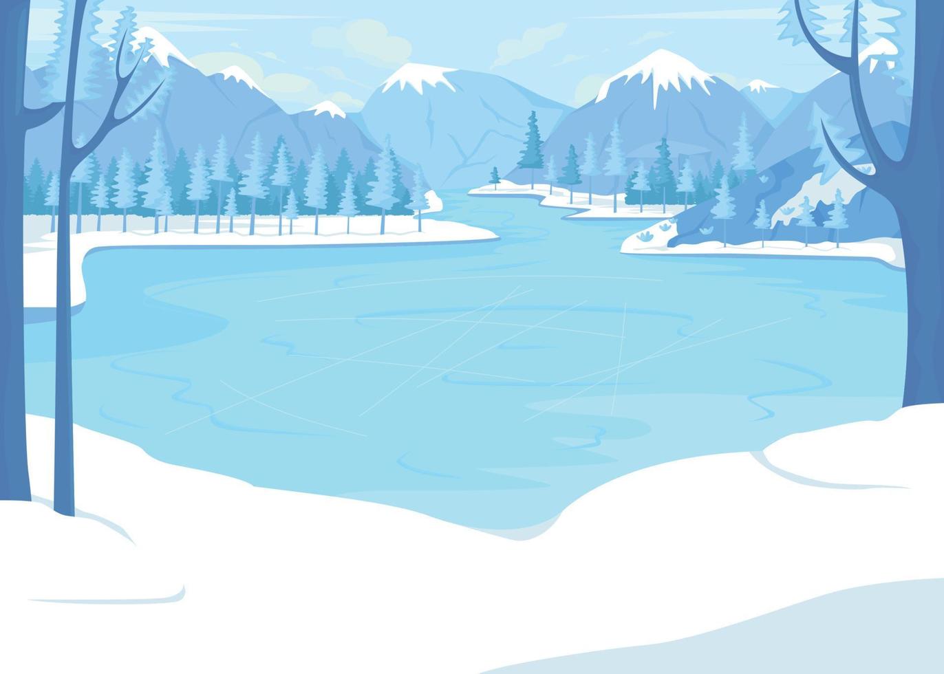 bevroren meer om te schaatsen omgeven door bergen egale kleur vectorillustratie vector