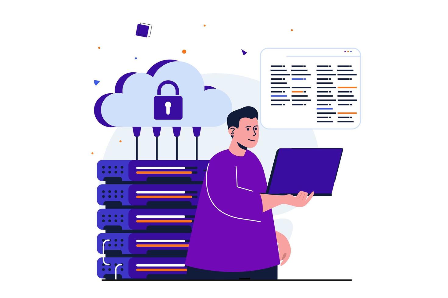 cloud computing modern plat concept voor webbannerontwerp. engineer werkt in serverruimte, onderhoudshardware en zorgt voor een stabiele werking van het systeem. vectorillustratie met geïsoleerde mensen scene vector