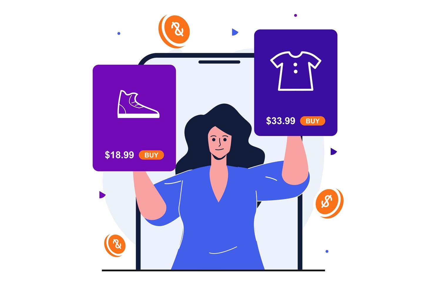 online winkelen modern plat concept voor webbannerontwerp. vrouw kiest kleding en schoenen ter plaatse, doet aankopen tegen de beste prijzen met behulp van smartphone-app. vectorillustratie met geïsoleerde mensen scene vector