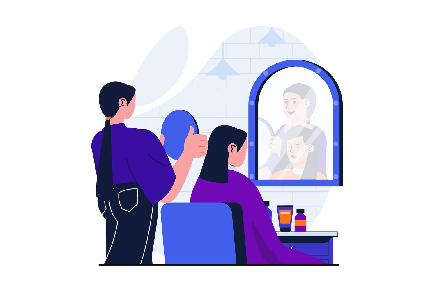 schoonheidssalon modern plat concept voor webbannerontwerp. vrouw kapper houdt kleine spiegel en toont vrouwelijke cliënt achteraanzicht van kapsel in studio. vectorillustratie met geïsoleerde mensen scene vector