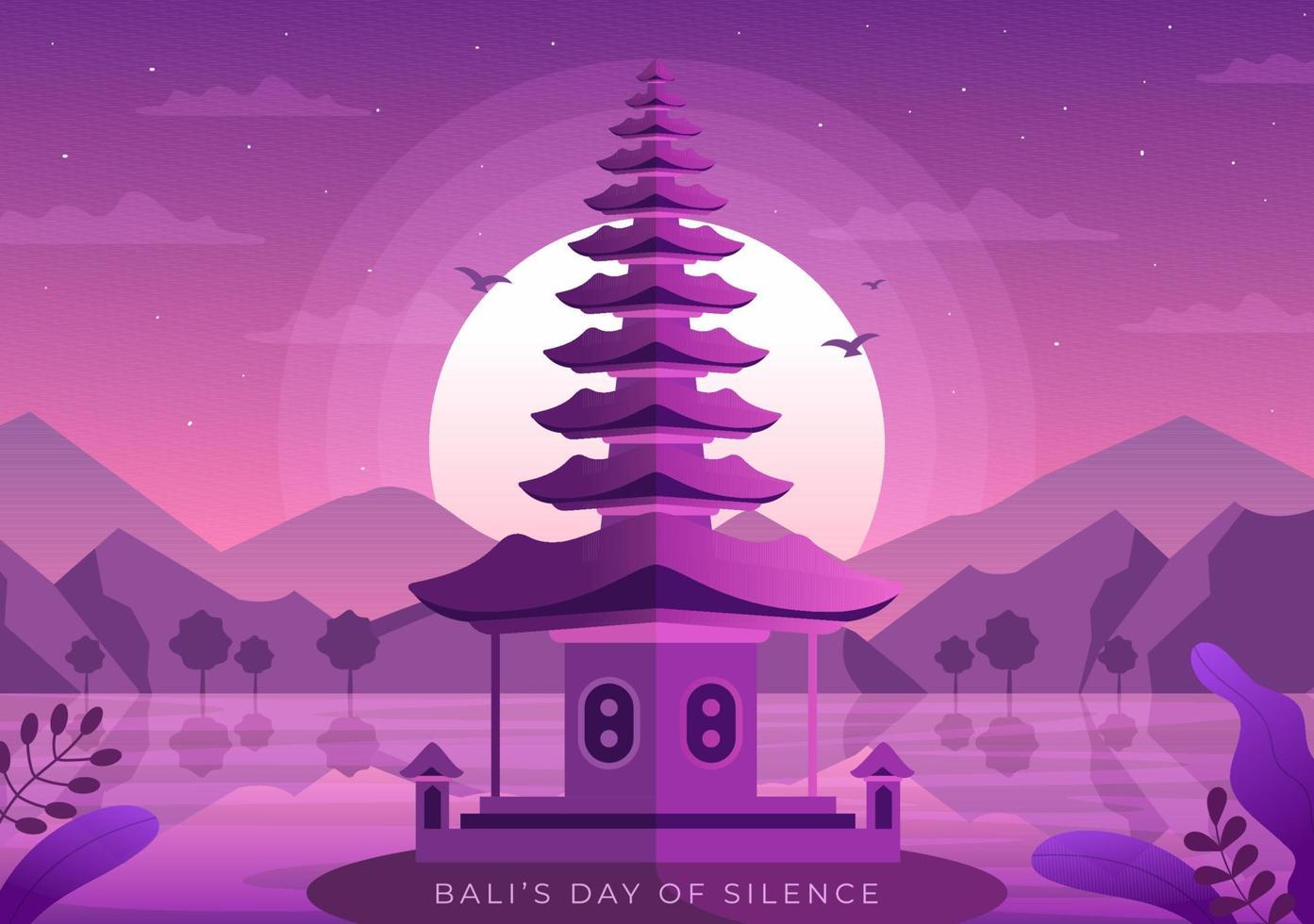 gelukkige nyepi-dag of Bali's stilte voor hindoe-ceremonies op de achtergrond van de tempel of pura-illustratie geschikt voor poster vector