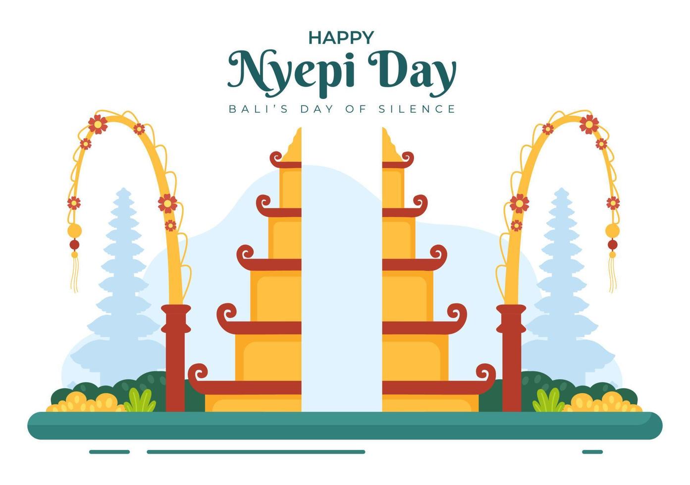 gelukkige nyepi-dag of Bali's stilte voor hindoe-ceremonies op de achtergrond van de tempel of pura-illustratie geschikt voor poster vector