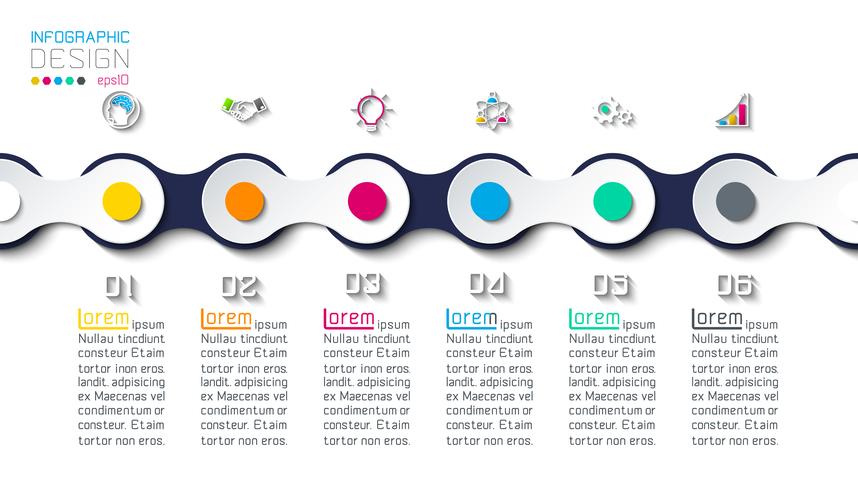 Zeven cirkels met bedrijfspictograminfographics op de achtergrond van de wereldkaart. vector