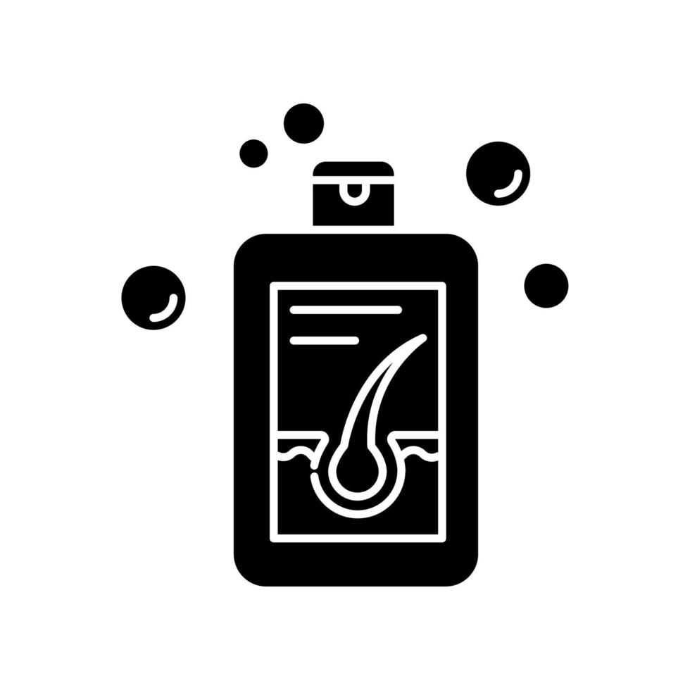 shampoo zwart glyph-pictogram. product om haaruitval tegen te gaan. apolecia behandeling. haargroei. conditioner om haarwortel en follikels te versterken. silhouet symbool op witte ruimte. vector geïsoleerde illustratie