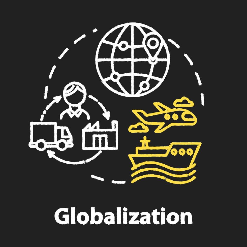 globalisering krijt rgb kleur concept icoon. internationale economie. wereldwijde distributie. uitbreiding van de markt. wereldwijd handelsidee. vector geïsoleerde schoolbordillustratie op zwarte background