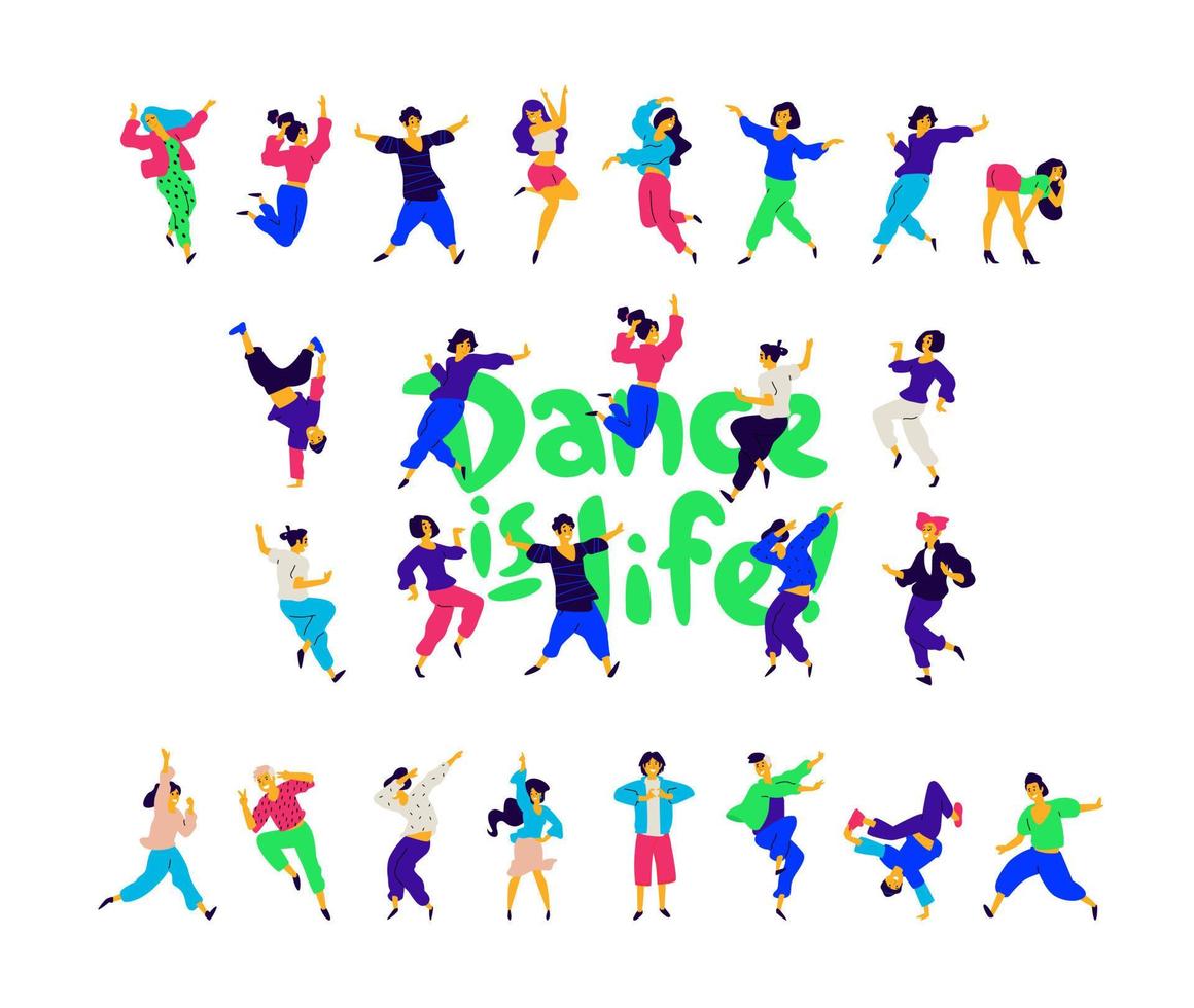 een groep dansende mensen rond de inscriptie dans is leven. vector. illustraties van mannen en vrouwen. vlakke stijl. een groep gelukkige tieners danst en heeft plezier. studio of dansschool. vector