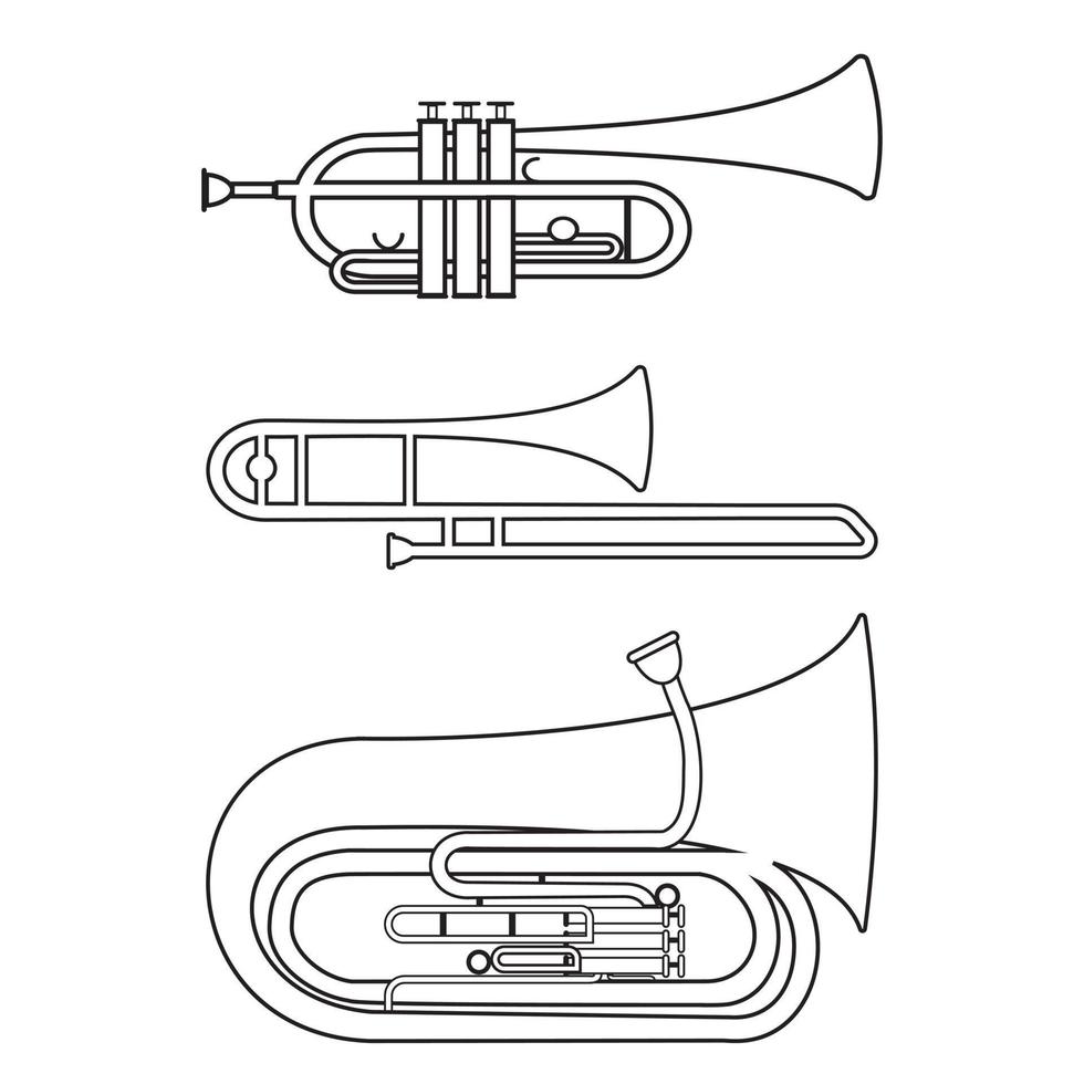 set van muzikale blaasinstrumenten trompet trombone tuba, zwarte contour geïsoleerde vectorillustratie vector