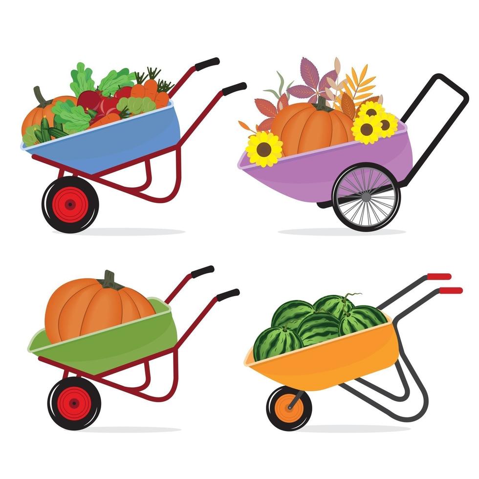 een set van kruiwagen met een oogst van groenten, vector geïsoleerde illustratie