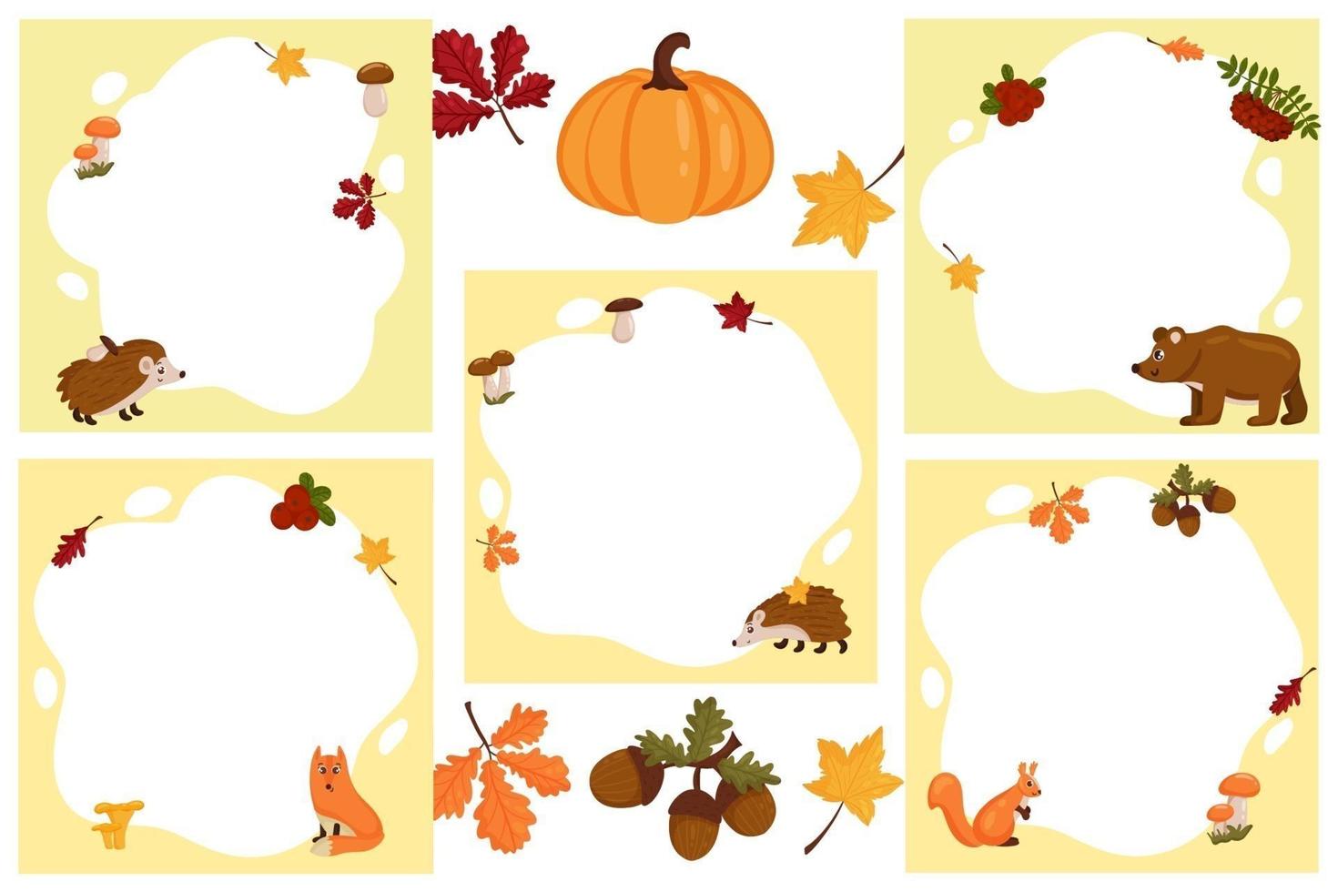 bos dieren. set vectorframes in de vorm van een plek met elementen van de herfst, in een platte cartoonstijl. sjabloon voor kinderfoto's, ansichtkaarten, uitnodigingen vector