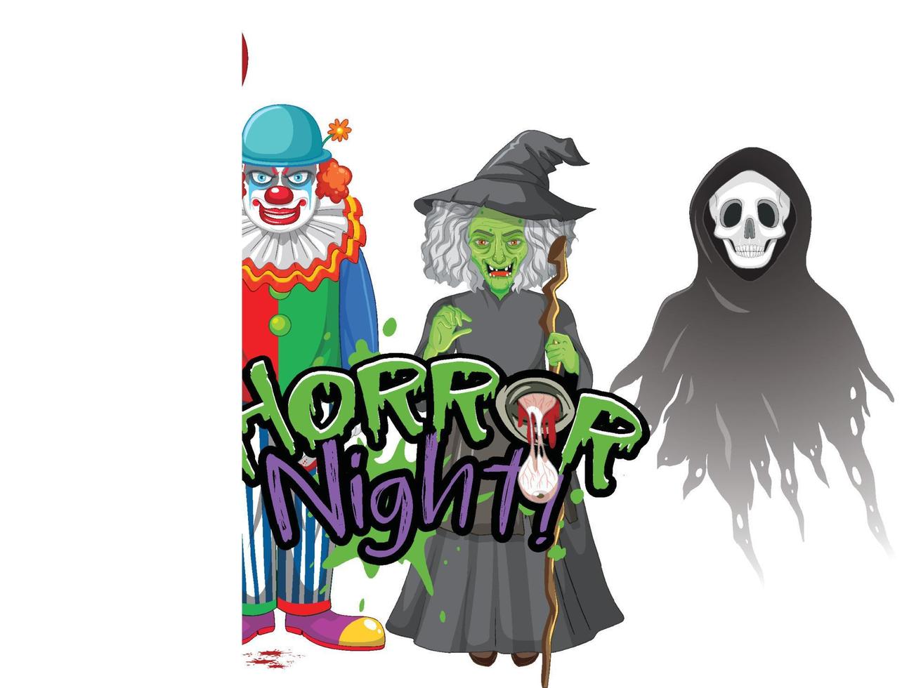 horror nacht tekstontwerp met halloween spookkarakters vector