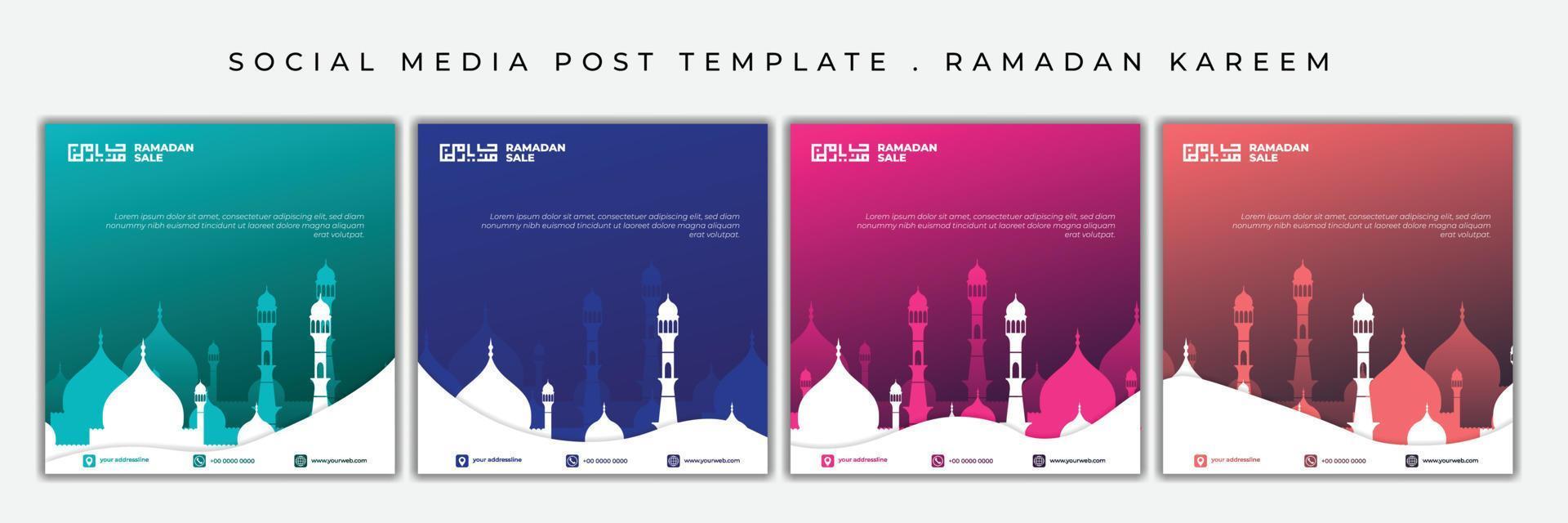 ramadan kareem-sjabloon voor post op sociale media met moskee-ontwerp. set van social media post met meerkleurige keuze. Arabische tekst betekent is welkom ramadan. vector