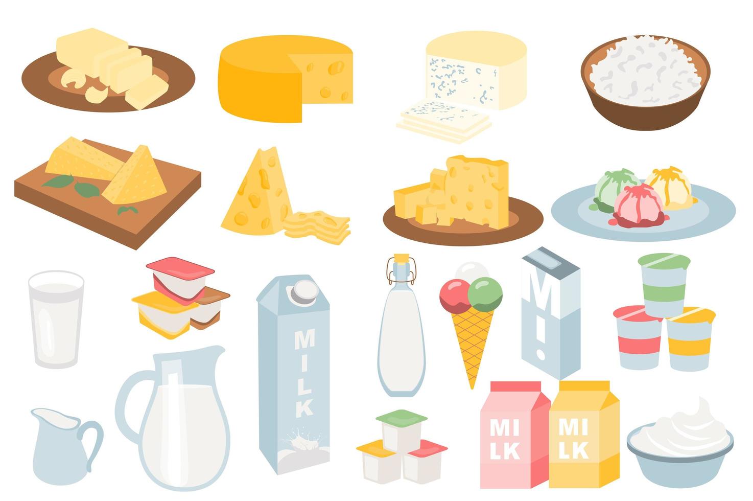 melkproducten in platte cartoon design. verschillende soorten kazen, kwark in kom, melk in kan of glas, yoghurt in containers, ijs, desserts, diverse verpakkingen. vector illustratie