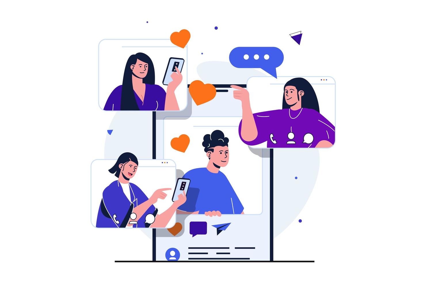 sociaal netwerk modern plat concept voor webbannerontwerp. mannen en vrouwen chatten in messenger op mobiele telefoons, communiceren online, publiceren foto's en nieuws. vectorillustratie met geïsoleerde mensen scene vector