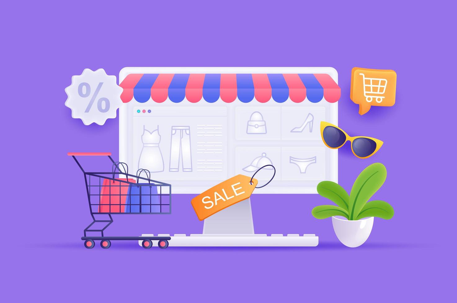 discountwinkel en online shopping concept 3d illustratie. pictogramsamenstelling met goederen op computerscherm, verkoop met kortingen, kar met aankopen in tassen. vectorillustratie voor modern webdesign vector