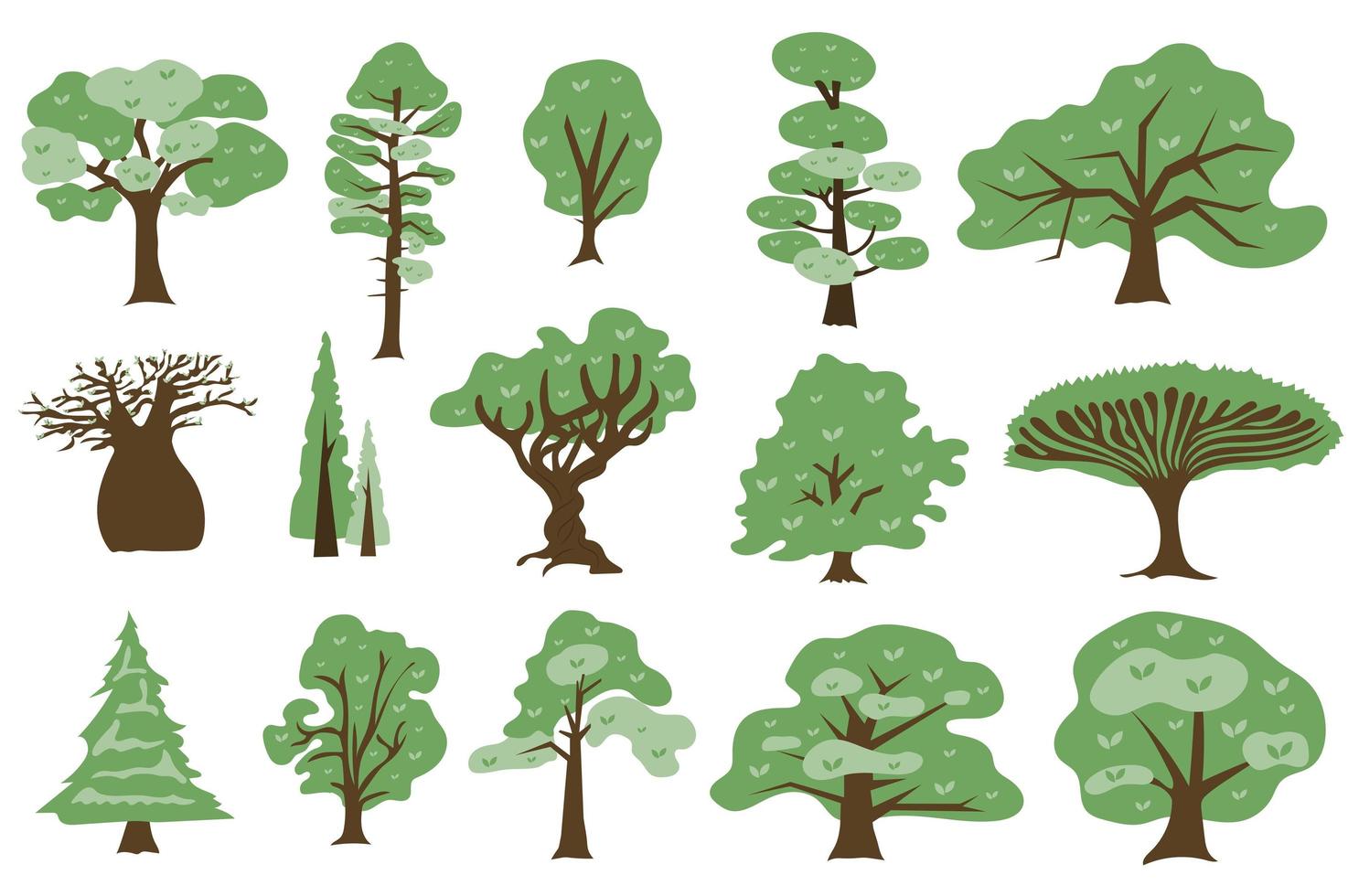 groene bomen concept collectie in platte cartoon design. verschillende soorten loof- en naaldbomen met groene kroon. parken, tuinen en bossen planten plaatsen geïsoleerde elementen. vector illustratie