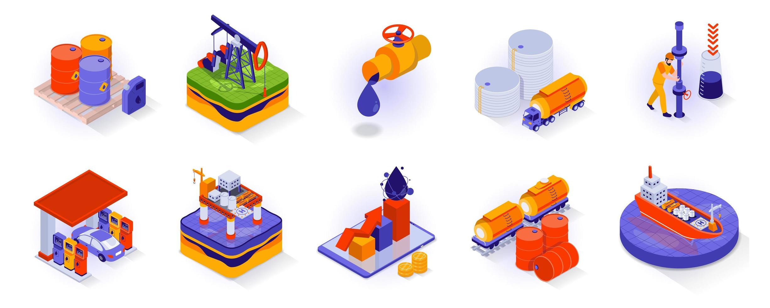 olie en industrie concept isometrische 3D-iconen set. extractie, transport en distributie isometrie geïsoleerde collectie. vaten, pijpleiding, apparatuur, benzinestation en andere. vector illustratie