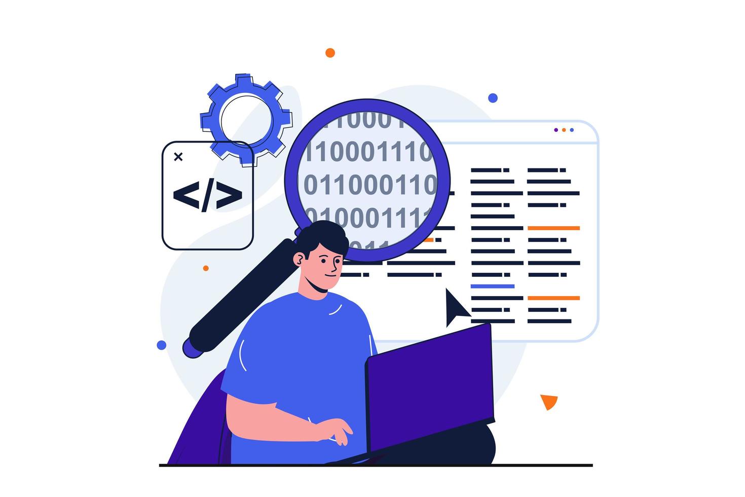 programmeur werkt modern plat concept voor webbannerontwerp. mannelijke ontwikkelaar analyseert en optimaliseert code, configureert software en werkt op laptop. vectorillustratie met geïsoleerde mensen scene vector