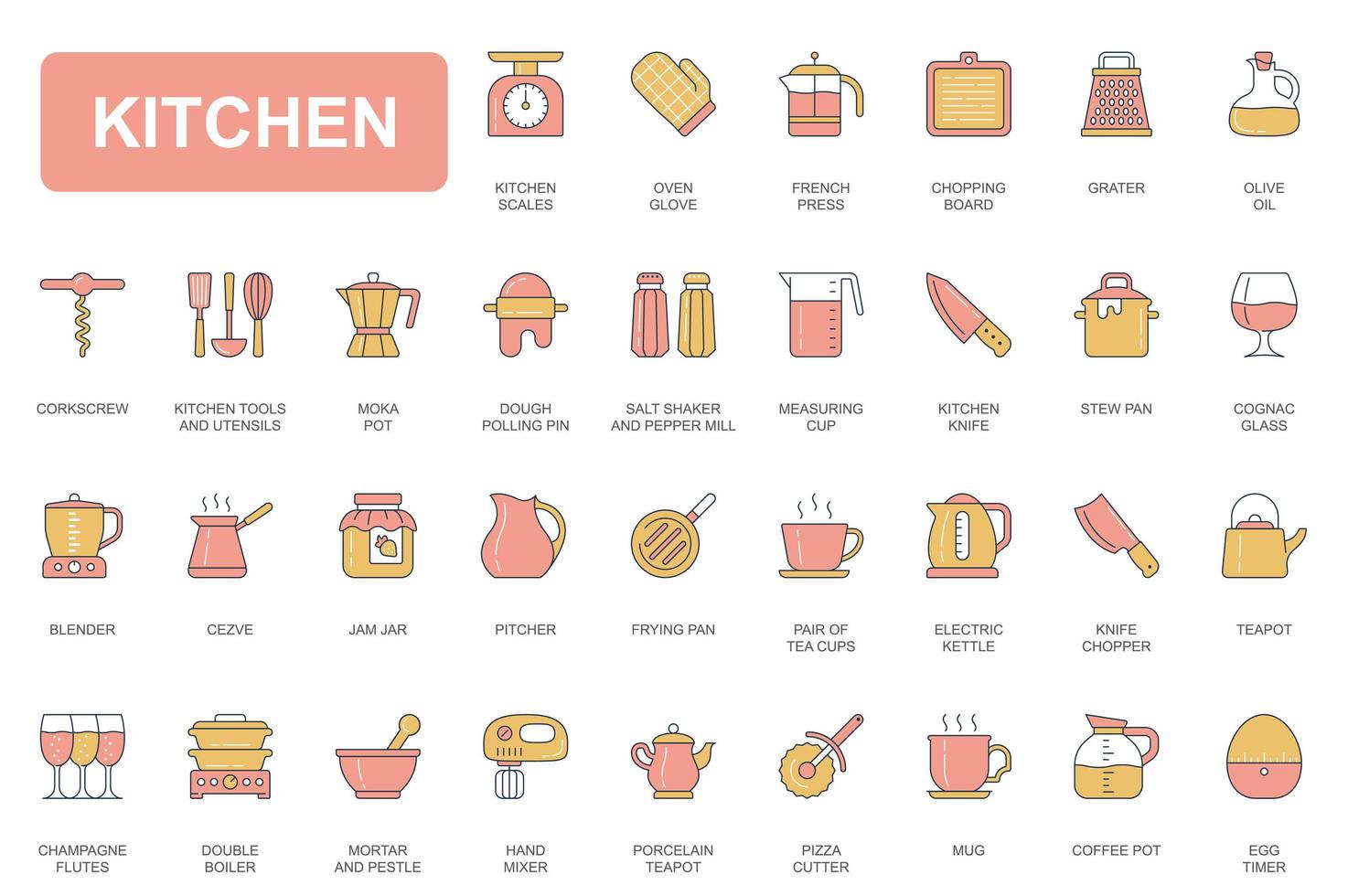 keuken concept eenvoudige lijn iconen set. pak overzichtspictogrammen van schalen, ovenwant, snijplank, rasp, deegroller, mes, pan, blender en andere. vectorelementen voor mobiele app en webdesign vector