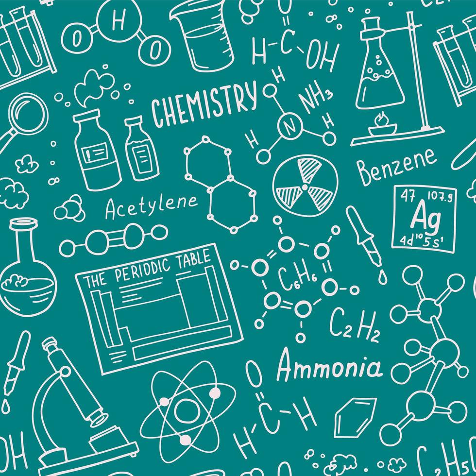 chemie symbolen pictogramserie. wetenschap onderwerp doodle ontwerp. onderwijs en studie concept. terug naar school schetsmatige achtergrond voor notebook, niet pad, schetsboek. vector