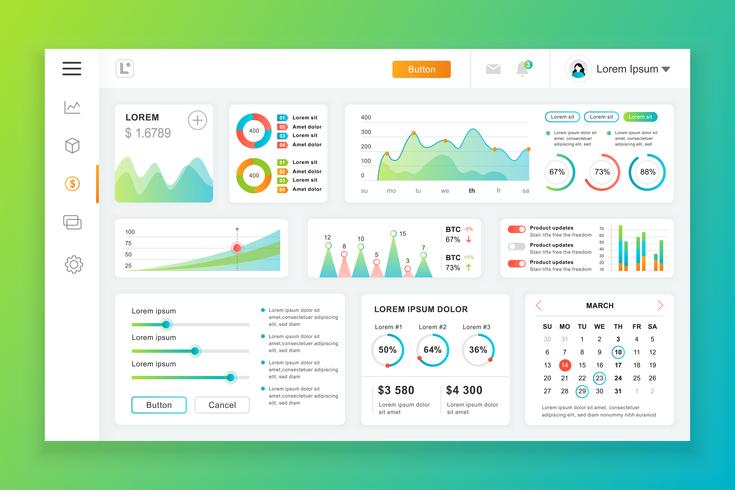 Dashboard admin panel vector ontwerpsjabloon met infographic elementen, grafiek, diagram, info graphics. Website dashboard voor ui en ux ontwerp webpagina. Vector illustratie.