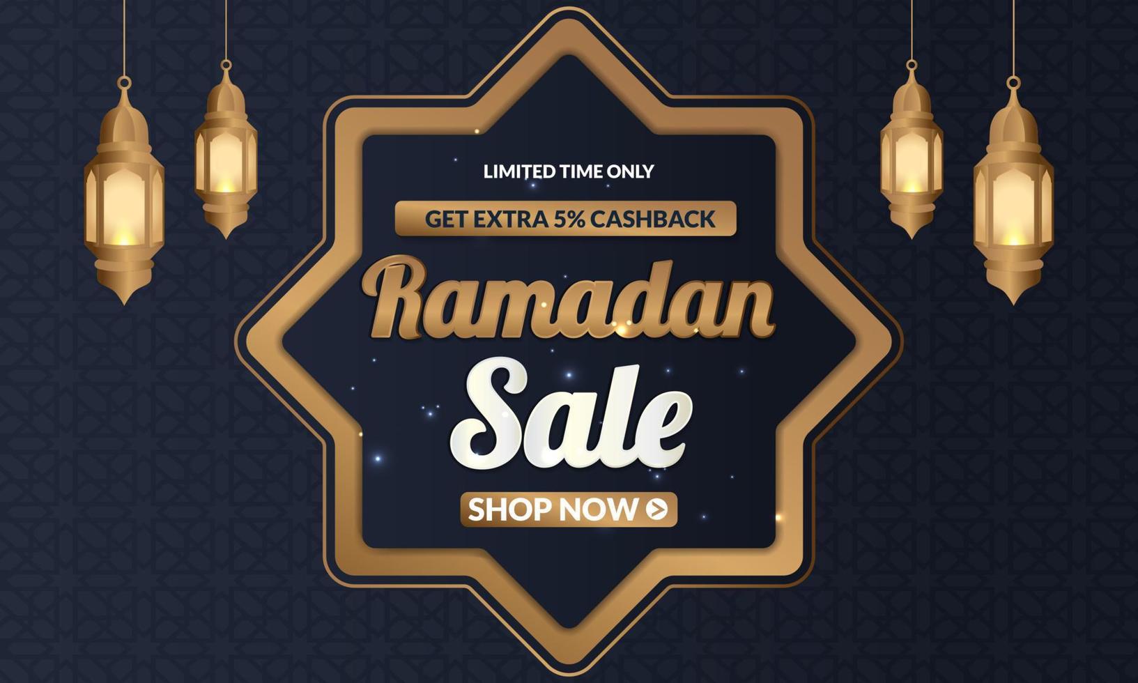 ramadan kareem verkoop aanbieding banner ontwerp met ornament lantaarn maan achtergrond voor promotie poster, social media sjabloon, korting, cadeau, voucher, web header en banner, wenskaart van eid mubarak vector