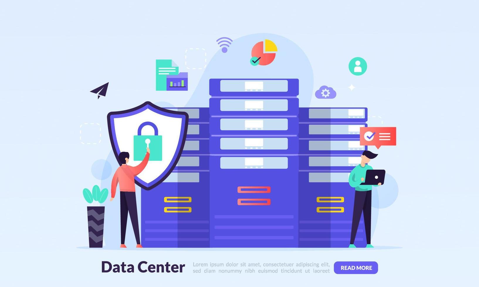 datacenterconcept, technologie van gegevensbescherming en -verwerking, hostingserver voor cloudverbinding, databasesynchronisatiesysteem, plat pictogram, geschikt voor webbestemmingspagina, banner, vectorsjabloon vector