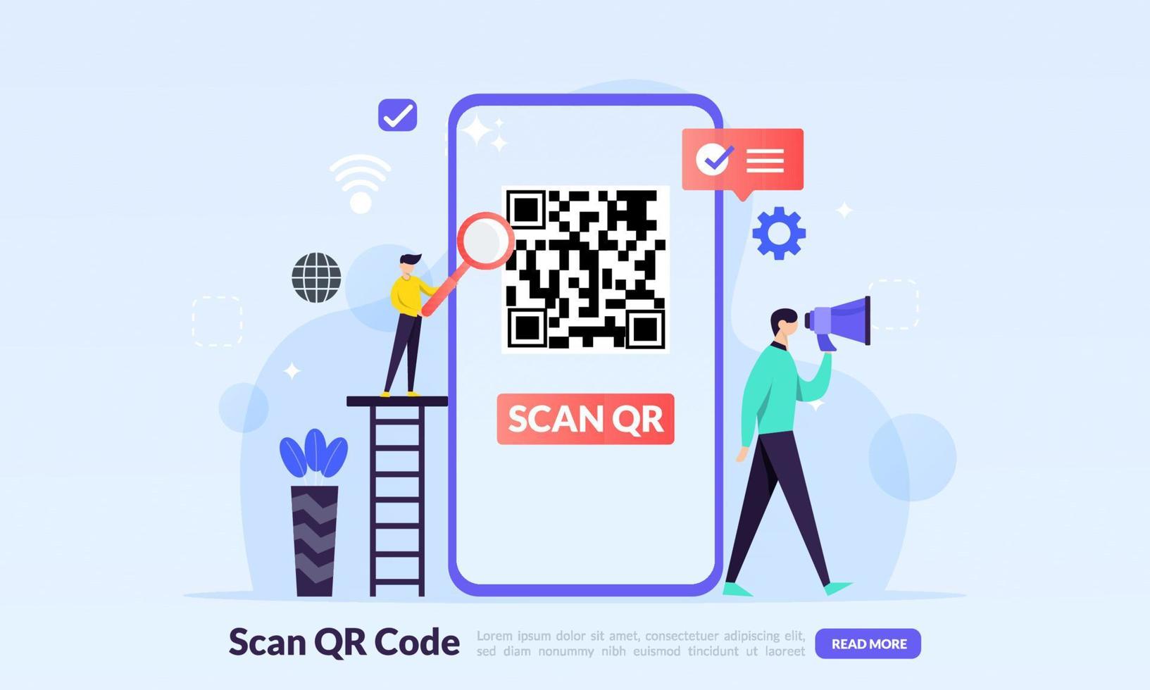 qr-codeconcept, een mobiele telefoon met een scanner leest de qr-code op de computer voor online winkelen en betalen, plat pictogram, geschikt voor webbestemmingspagina, banner, vectorsjabloon vector