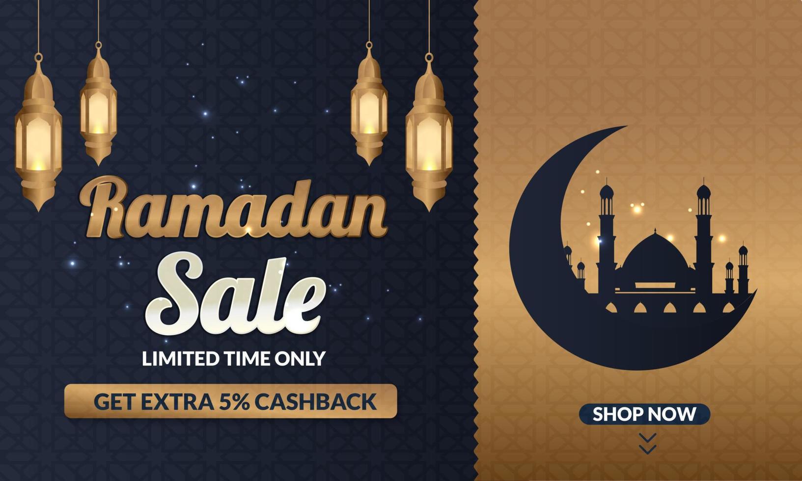 ramadan kareem verkoop aanbieding banner ontwerp met ornament lantaarn maan achtergrond voor promotie poster, social media sjabloon, korting, cadeau, voucher, web header en banner, wenskaart van eid mubarak vector