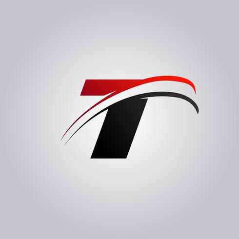 initiaal T-brieflogo met swoosh gekleurd rood en zwart vector