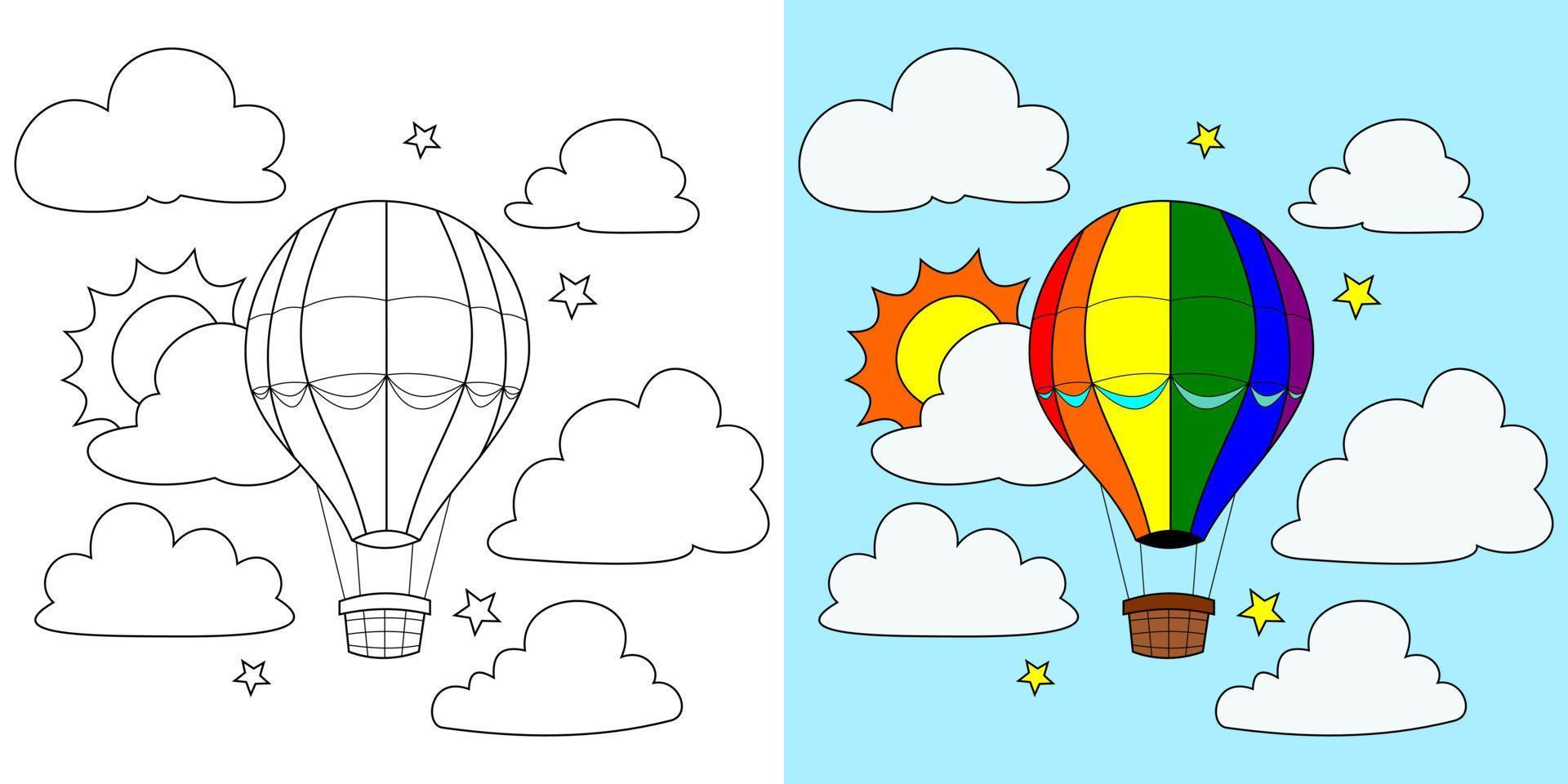 luchtballon vector, zon, wolk, ster, kleurboek of pagina, vectorillustratie vector