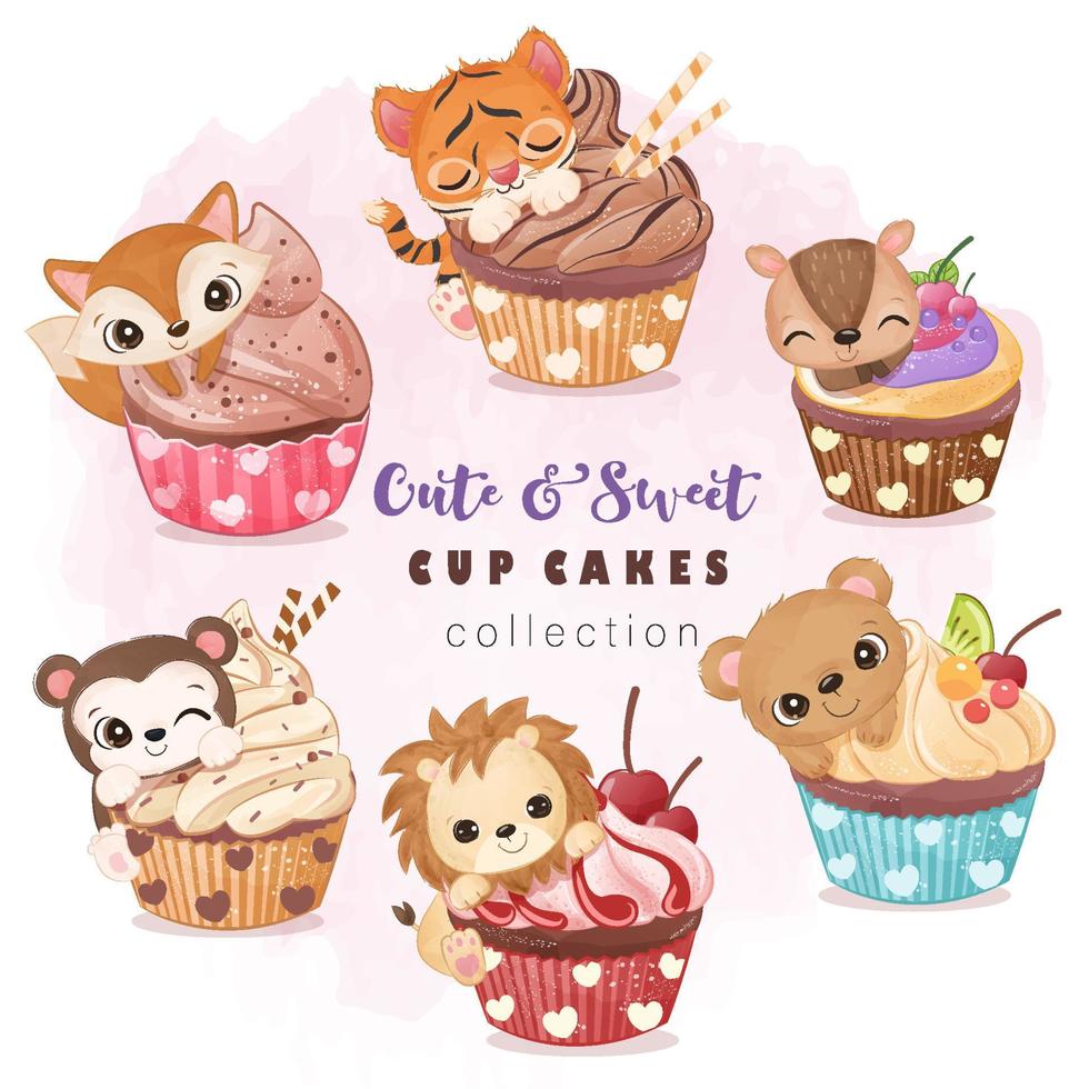 dieren en cupcakes illustratie set vector