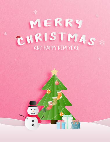 De viering van Kerstmis en de gelukkige nieuwe jaargroet of de uitnodigingskaart in document snijden stijl. vector