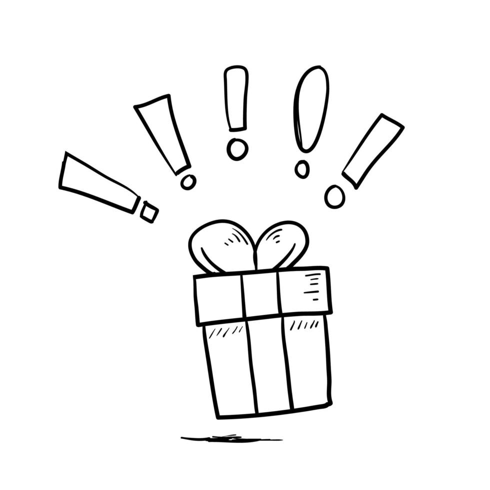 handgetekende verrukkingscadeau, verrassingsgeschenkdoos, verjaardagsfeest, speciaal weggeefpakket, loyaliteitsprogramma-beloning, wondergeschenk met uitroepteken, doodle-pictogram vector