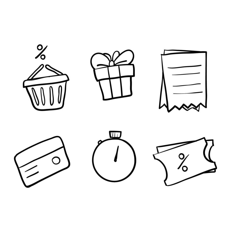 handgetekende loyaliteitskaart, incentive programma vector icon set, verdien bonuspunten voor aankoop, kortingsbon, beperkte tijdsperiode, geld terug, cadeau inwisselen, kruidenierswinkel basket.doodle vector