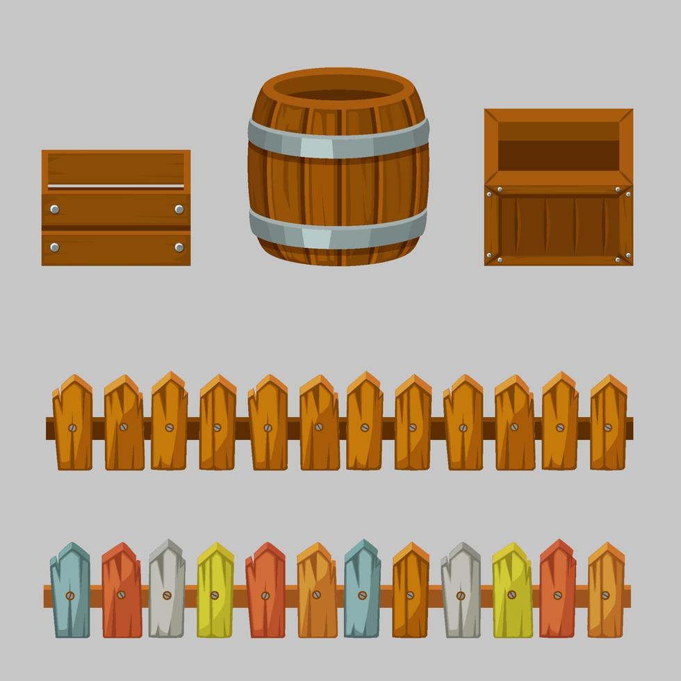 vector geïsoleerde lege houten kisten en vaten. set van houten voorwerpen en hekken.
