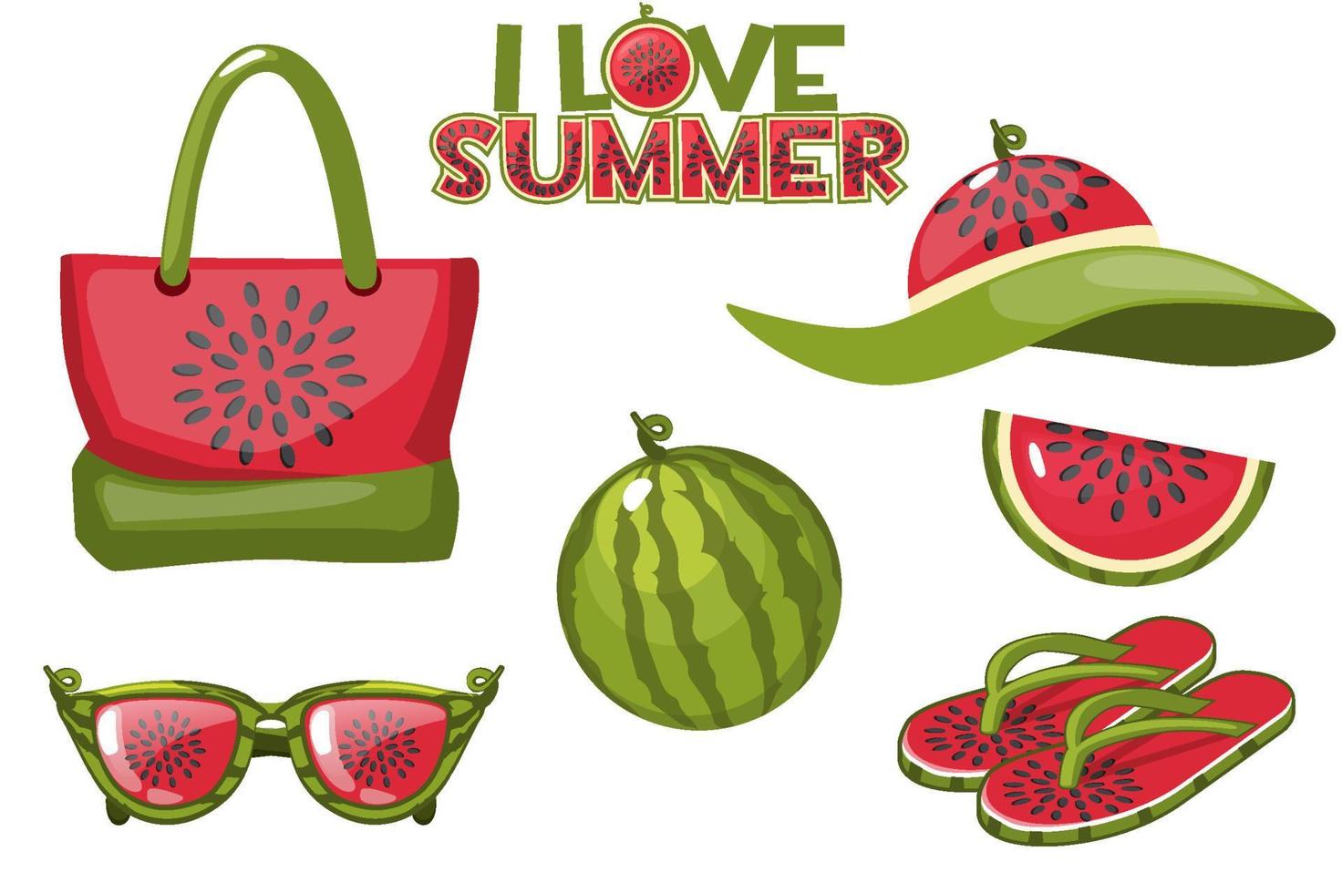 set strandobjecten van watermeloen en zomerlogo. strandtas, bril, watermeloen, hoed en slippers. vector