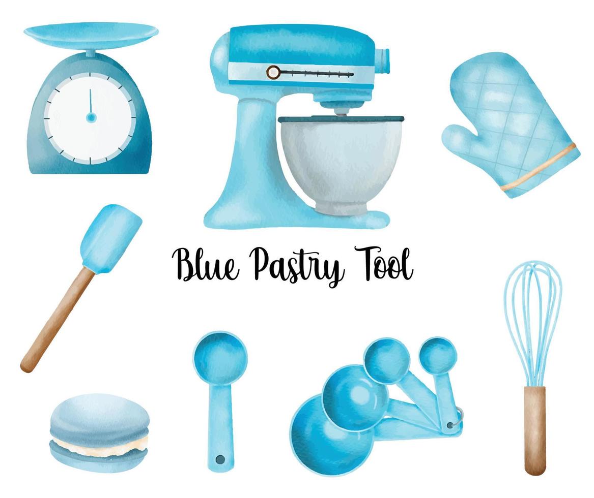 blauwe bakkerij gebak gereedschap aquarel collectie vector