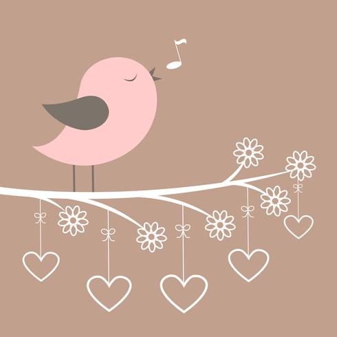 De leuke roze vogel zingt met kanten bloemen en harten vector