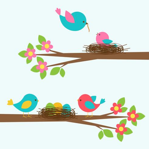 Twee leuke families van vogels op bloeiende takboom vector