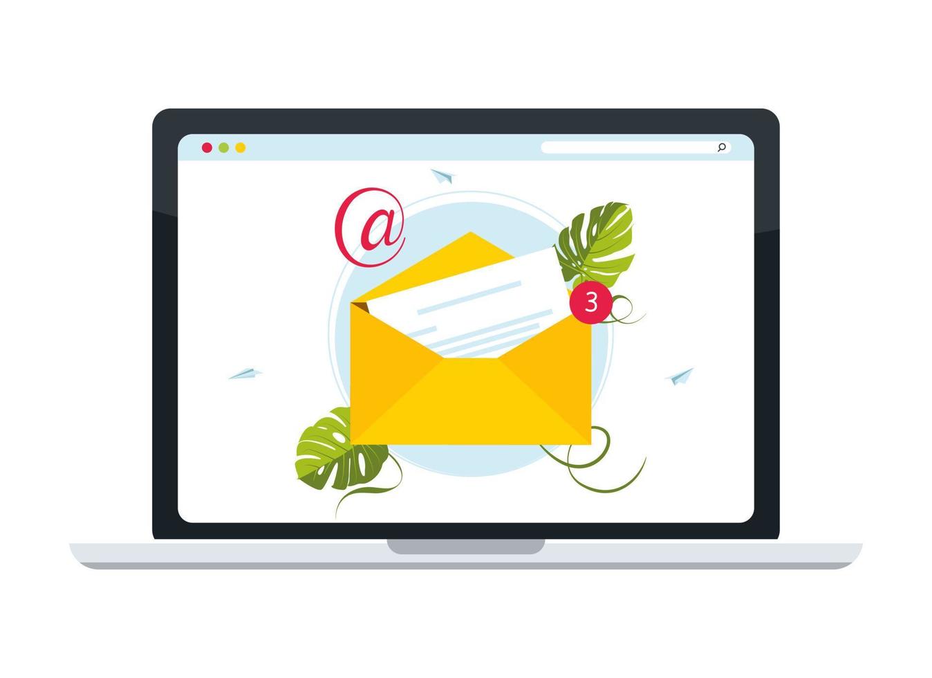 e-mailconcept wordt vertegenwoordigd door envelop- en notitieboekjepictogram. een inkomend bericht op het beeldscherm van de laptop. vector illustratie