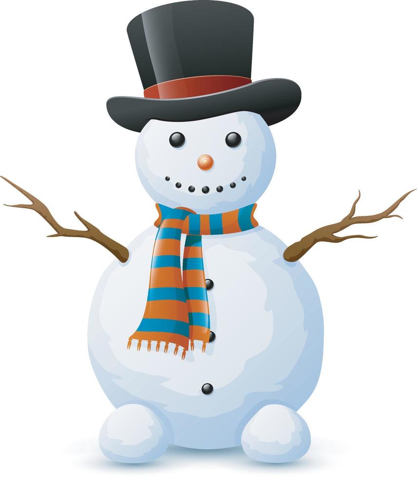 Kerstmissneeuwman met hoge hoed en sjaal op witte achtergrond vector