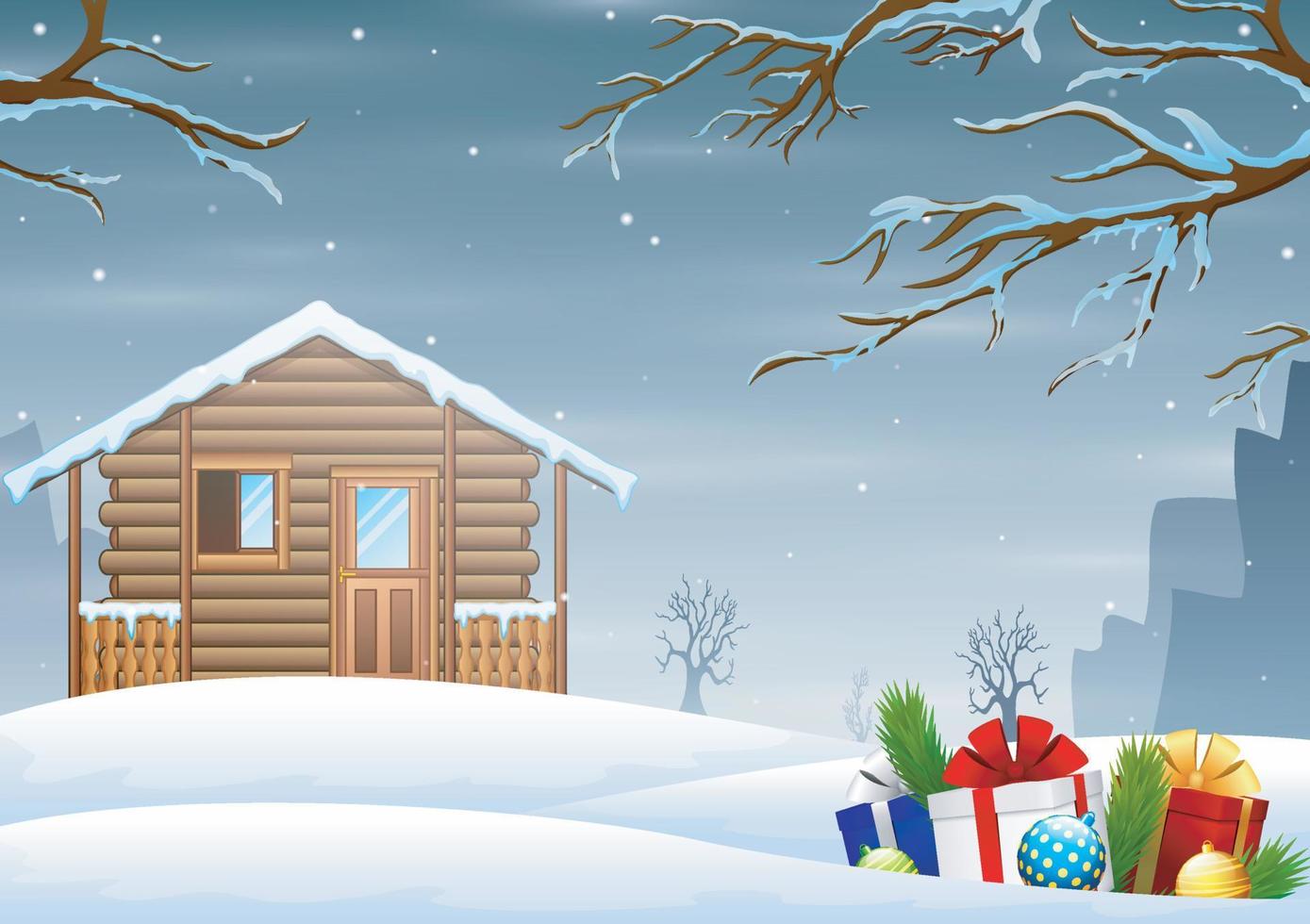 winterlandschap met sneeuw houten huis en dozen cadeau vector