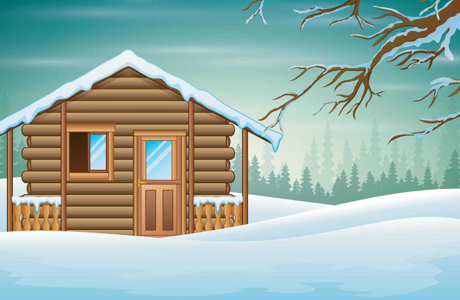 een klein houten huis met een besneeuwde achtergrond vector