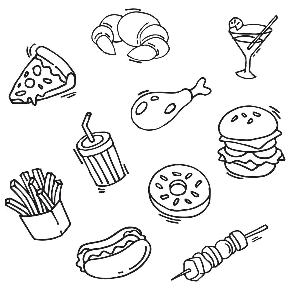 fastfood doodle pictogrammen. handgemaakte lijntekeningen. menu-restaurant. beroemd voedsel. logo symbool ontwerp. vector illustratie