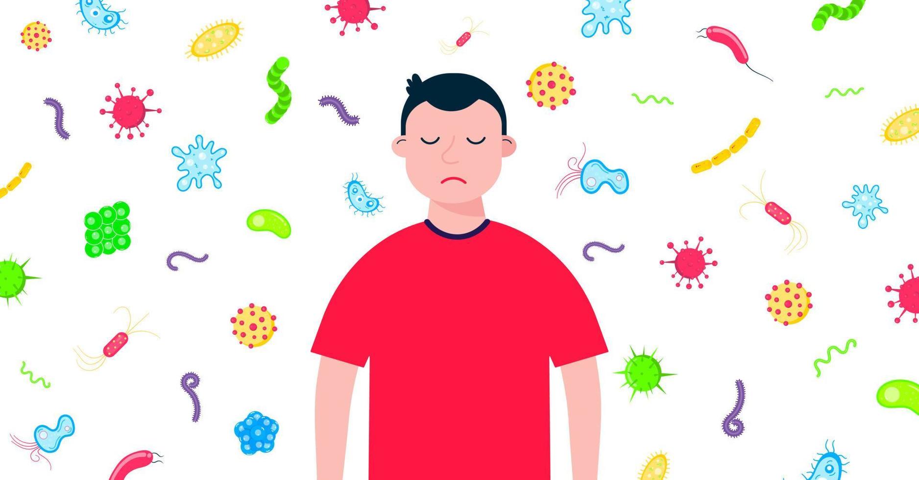 jongen jongen met beschermingsmasker met bacteriën en microben achter hem vlakke stijl ontwerp vectorillustratie geïsoleerd op een witte achtergrond. griep en seizoen ziekten bescherming concept. wees gezond vector