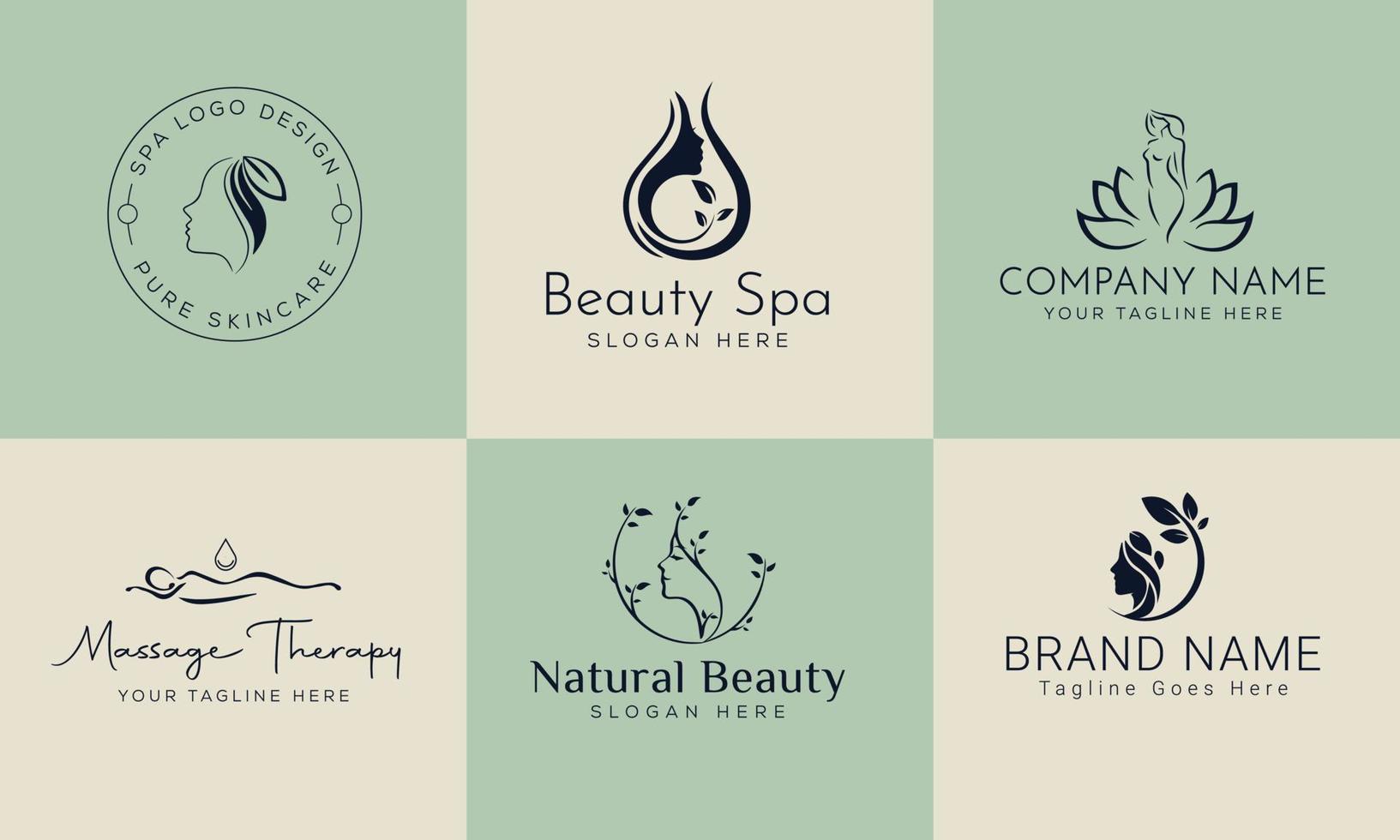 set spa element hand getekende logo met lichaam en bladeren. logo voor spa- en schoonheidssalon, boetiek, massagetherapie, biologische winkel, ontspanning, vrouwenlichaam, yoga, cosmeticawinkel. gratis vector