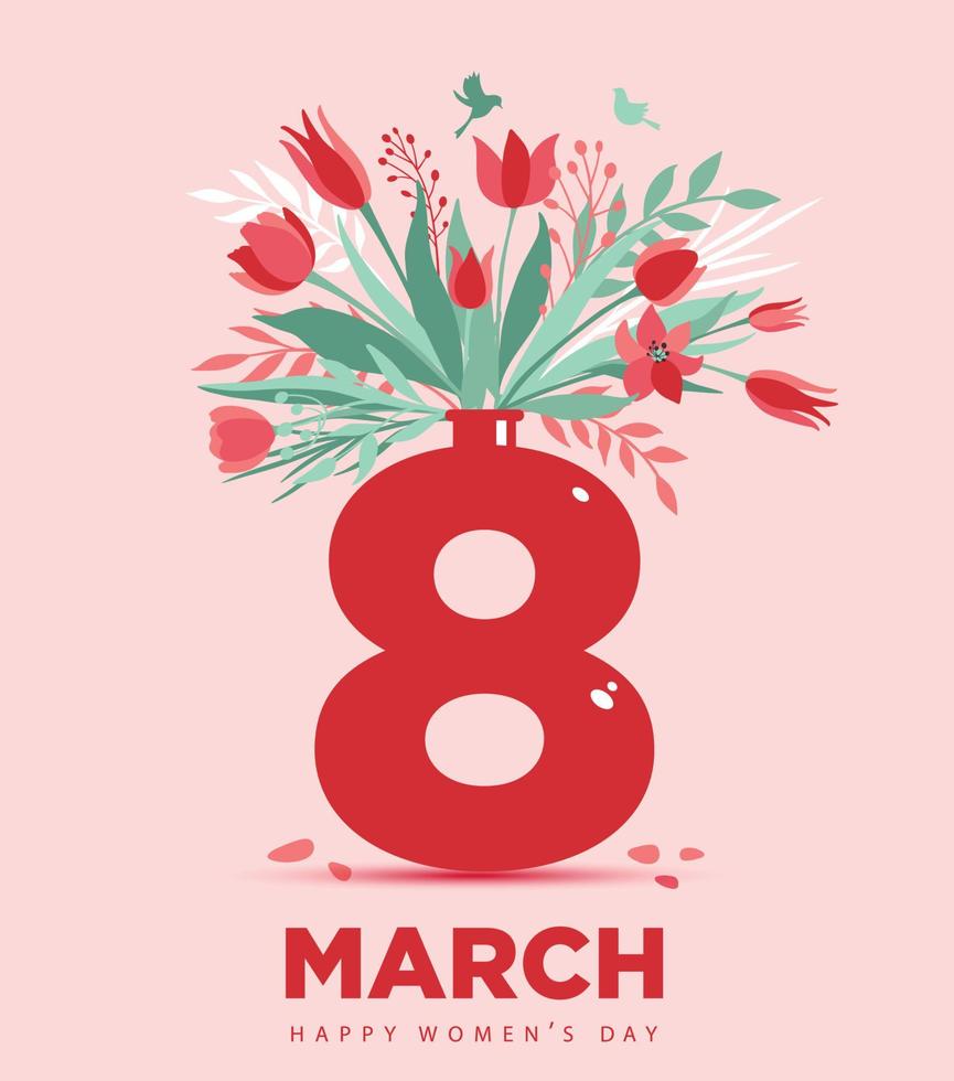 grafisch ontwerp ansichtkaart voor internationale vrouwendag met 8 maart inscriptie en tulpen in vaas. verticale wenskaart met bloemboeket. kleurrijke platte vectorillustratie. vector